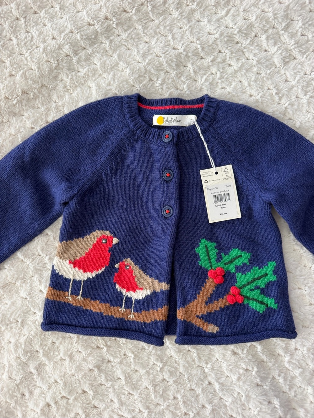 Mini Boden Navy Cardigan with Red Robin and Green Holly